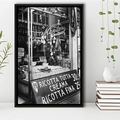 Cheese Shop New York City Black and White Art Kitchen Wall Decor, Floating Framed Canvas Print