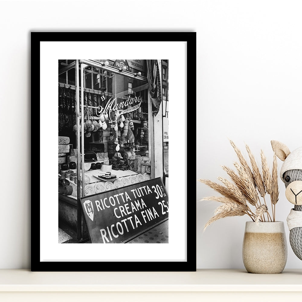 Cheese Shop New York City Black and White Art Kitchen Wall Decor, Framed Art Print White Border Wall Decor