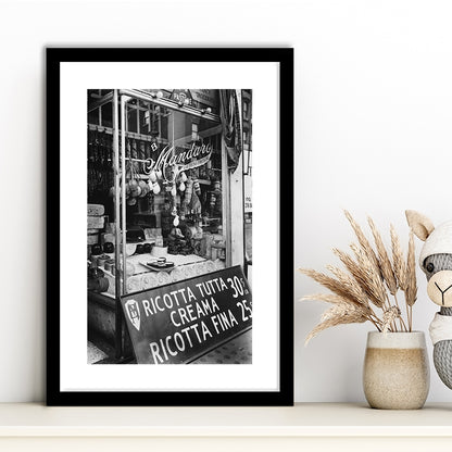 Cheese Shop New York City Black and White Art Kitchen Wall Decor, Framed Art Print White Border Wall Decor