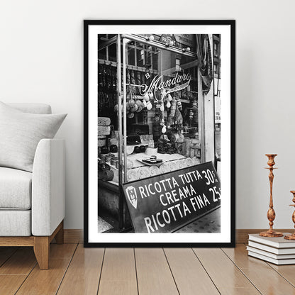 Cheese Shop New York City Black and White Art Kitchen Wall Decor, Framed Art Print White Border Wall Decor