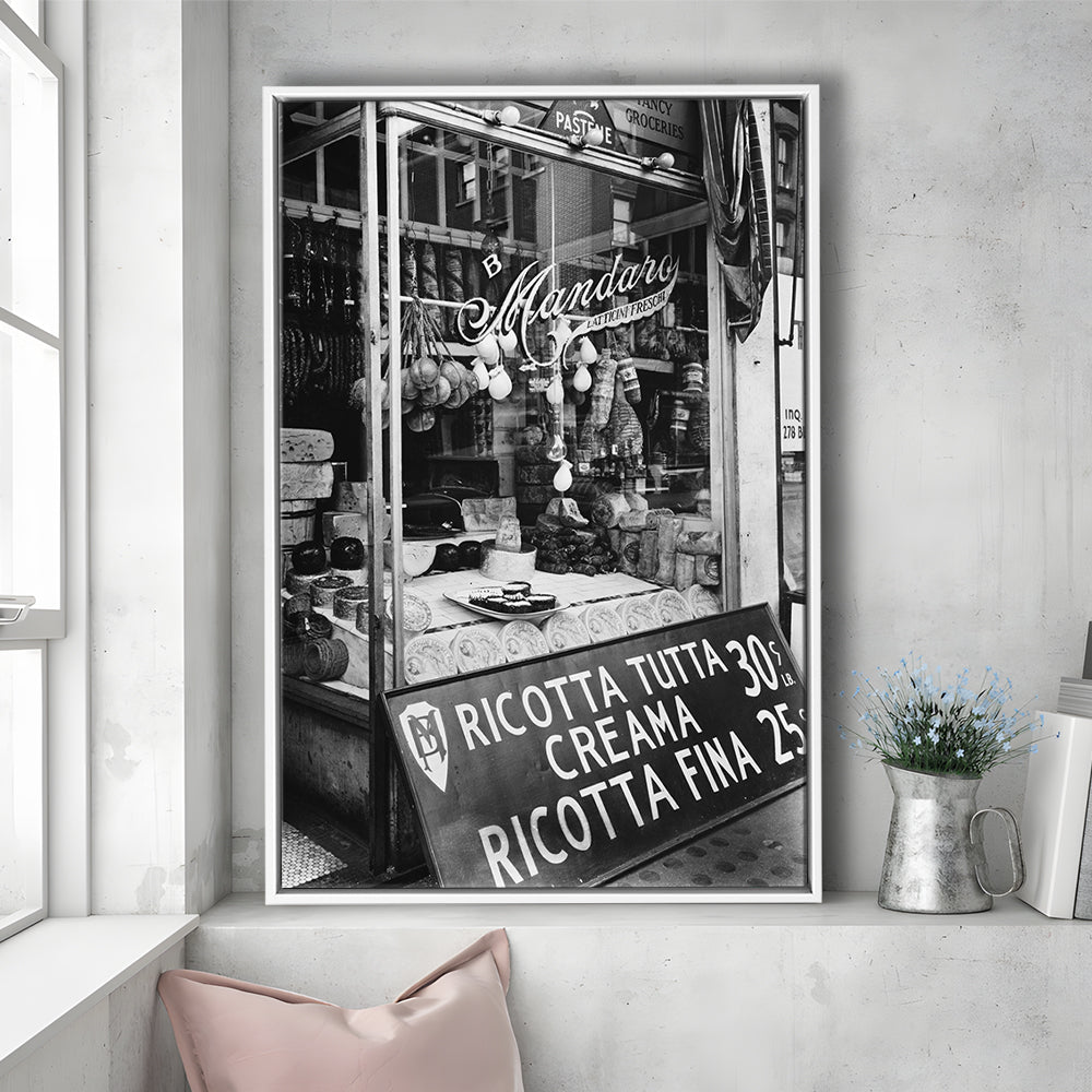 Cheese Shop New York City Black and White Art Kitchen Wall Decor, Floating Framed Canvas Print