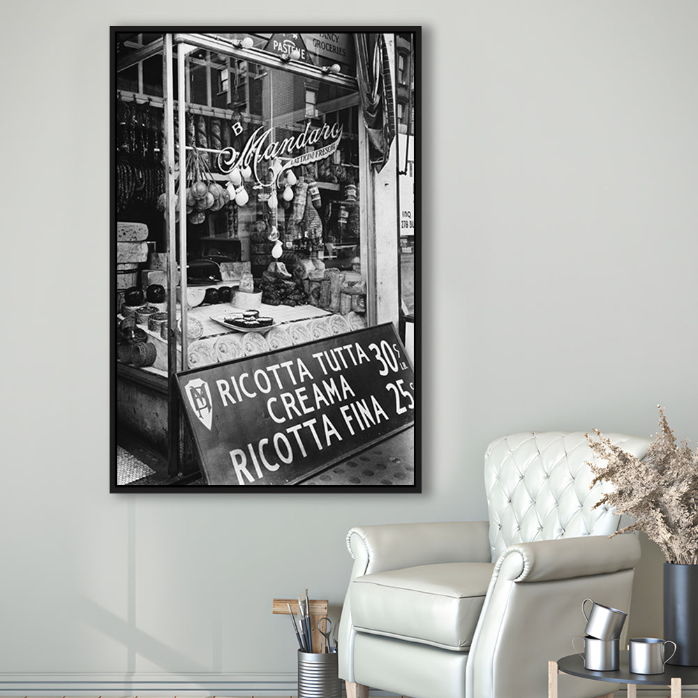 Cheese Shop New York City Black and White Art Kitchen Wall Decor, Floating Framed Canvas Print