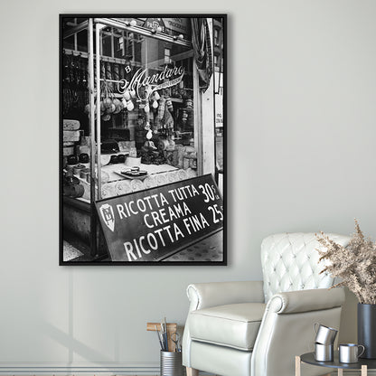 Cheese Shop New York City Black and White Art Kitchen Wall Decor, Floating Framed Canvas Print