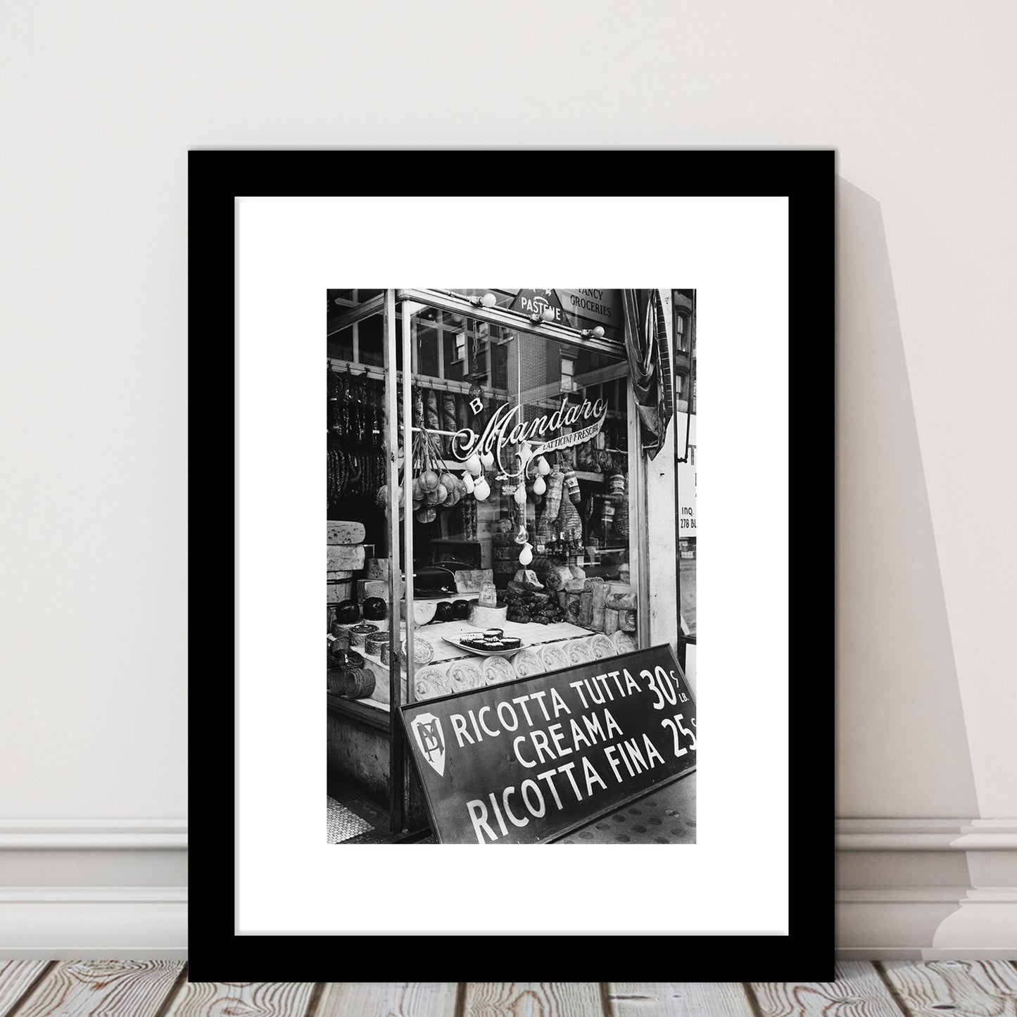 Cheese Shop New York City Black and White Art Kitchen Wall Decor, Framed Art Print White Border Wall Decor