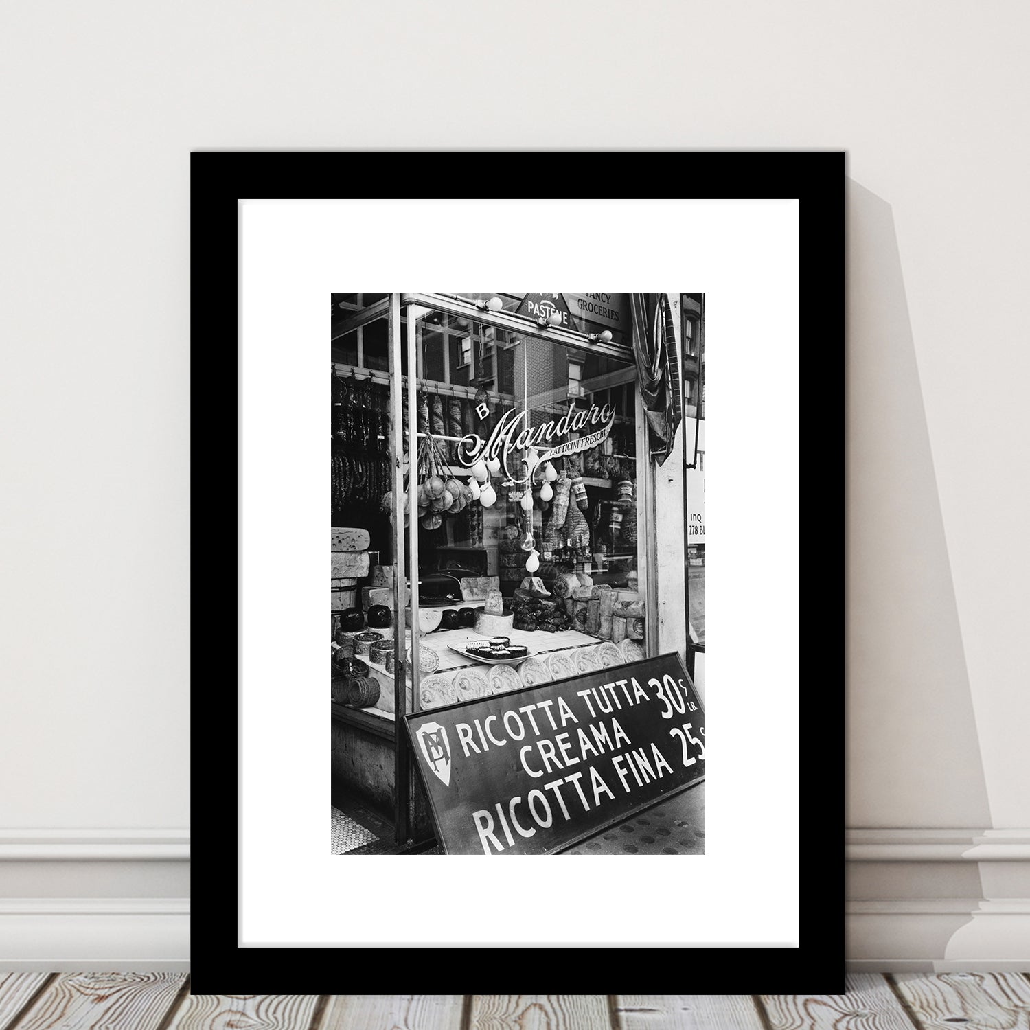 Cheese Shop New York City Black and White Art Kitchen Wall Decor, Framed Art Print White Border Wall Decor