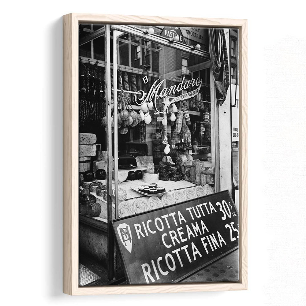Cheese Shop New York City Black and White Art Kitchen Wall Decor, Floating Framed Canvas Print