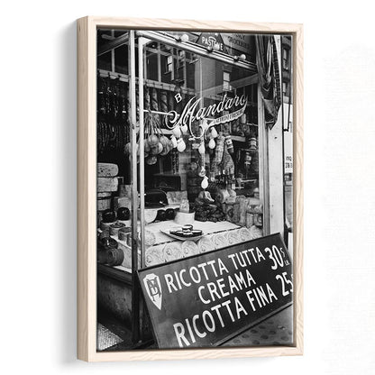Cheese Shop New York City Black and White Art Kitchen Wall Decor, Floating Framed Canvas Print