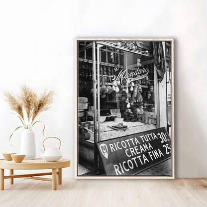 Cheese Shop New York City Black and White Art Kitchen Wall Decor, Floating Framed Canvas Print