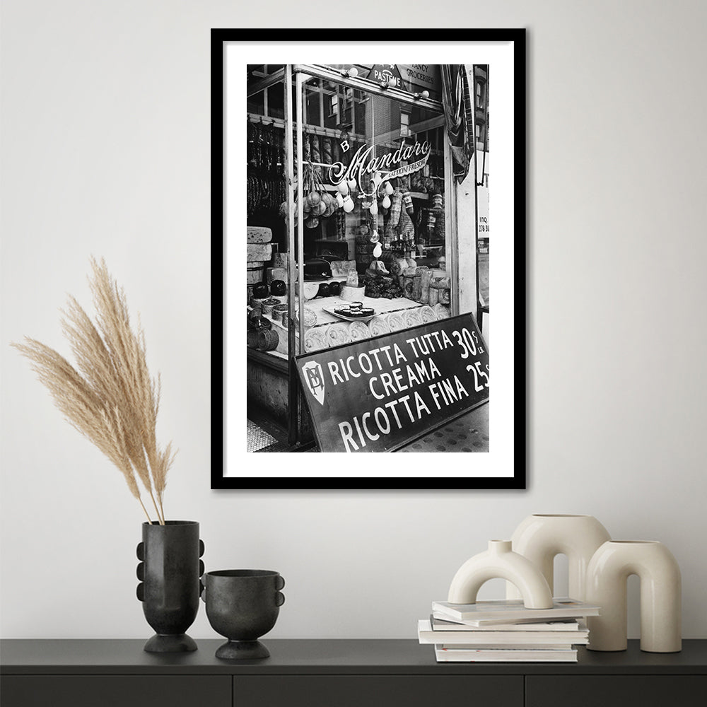 Cheese Shop New York City Black and White Art Kitchen Wall Decor, Framed Art Print White Border Wall Decor