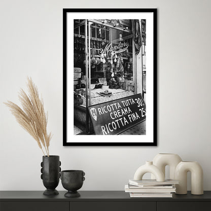 Cheese Shop New York City Black and White Art Kitchen Wall Decor, Framed Art Print White Border Wall Decor