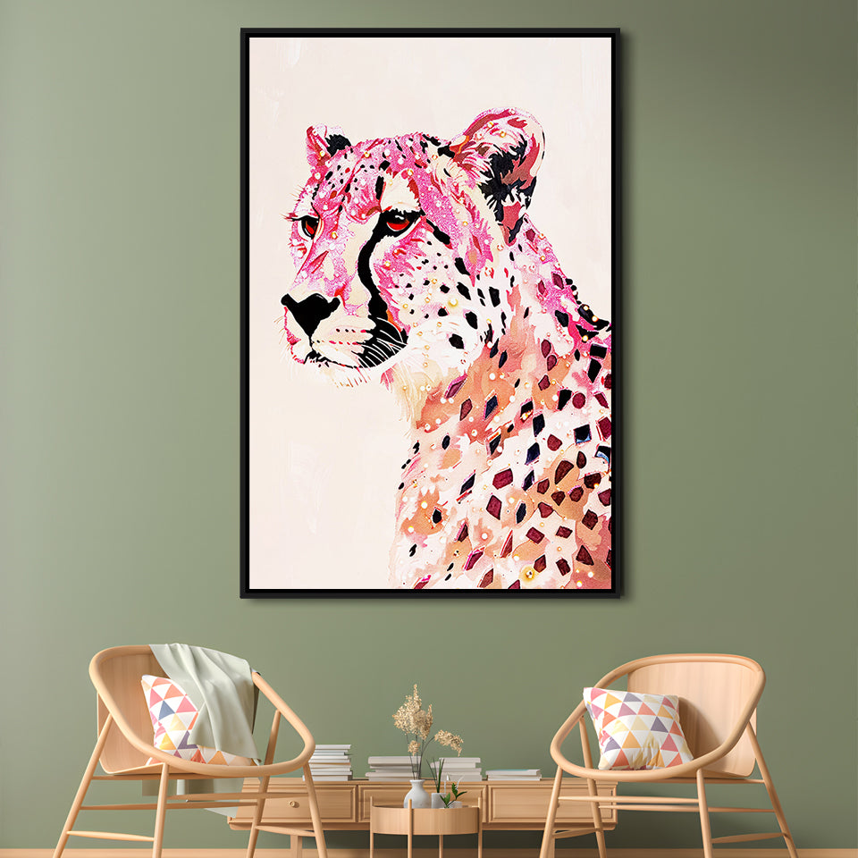 Cheetah Leopard Art Print Glam Preppy Decor Dorm Room, Framed Canvas Print Wall Art, Floating Frame