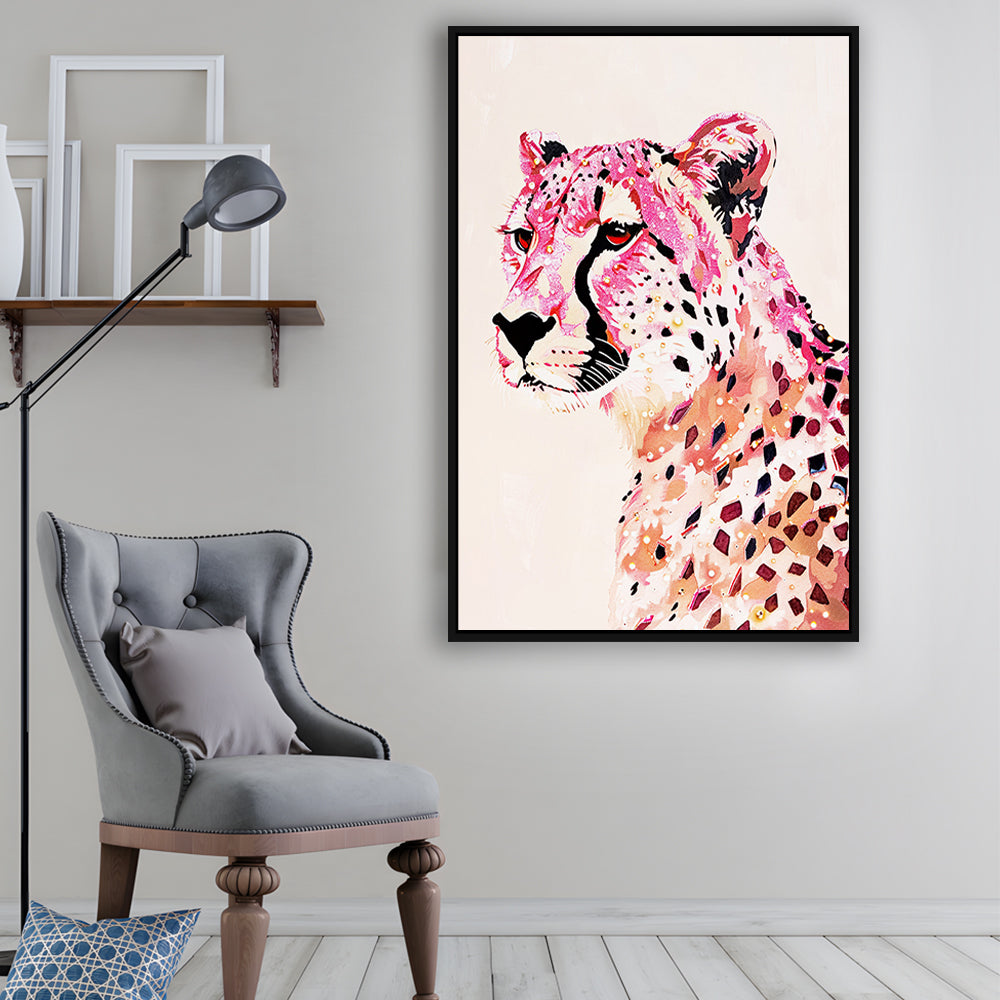 Cheetah Leopard Art Print Glam Preppy Decor Dorm Room, Framed Canvas Print Wall Art, Floating Frame