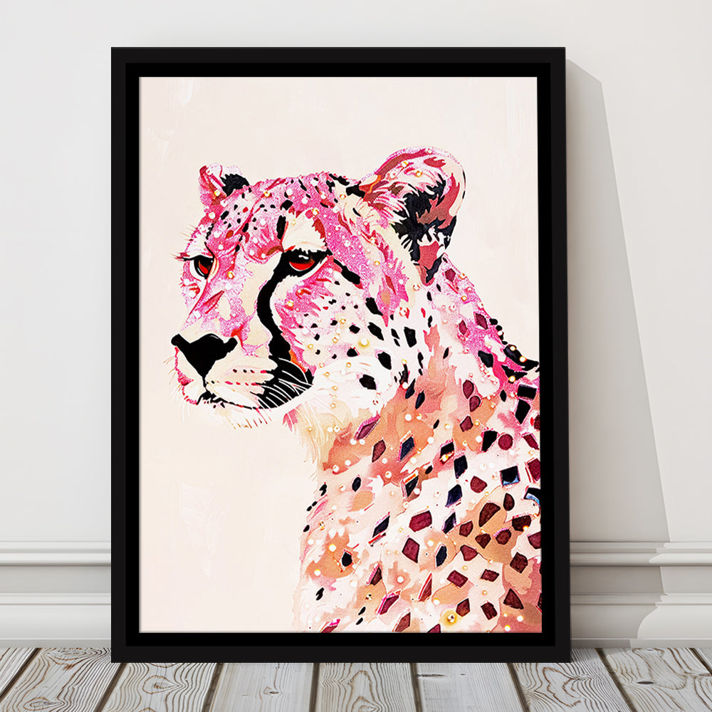 Cheetah Leopard Art Print Glam Preppy Decor Dorm Room, Framed Canvas Print Wall Art, Floating Frame