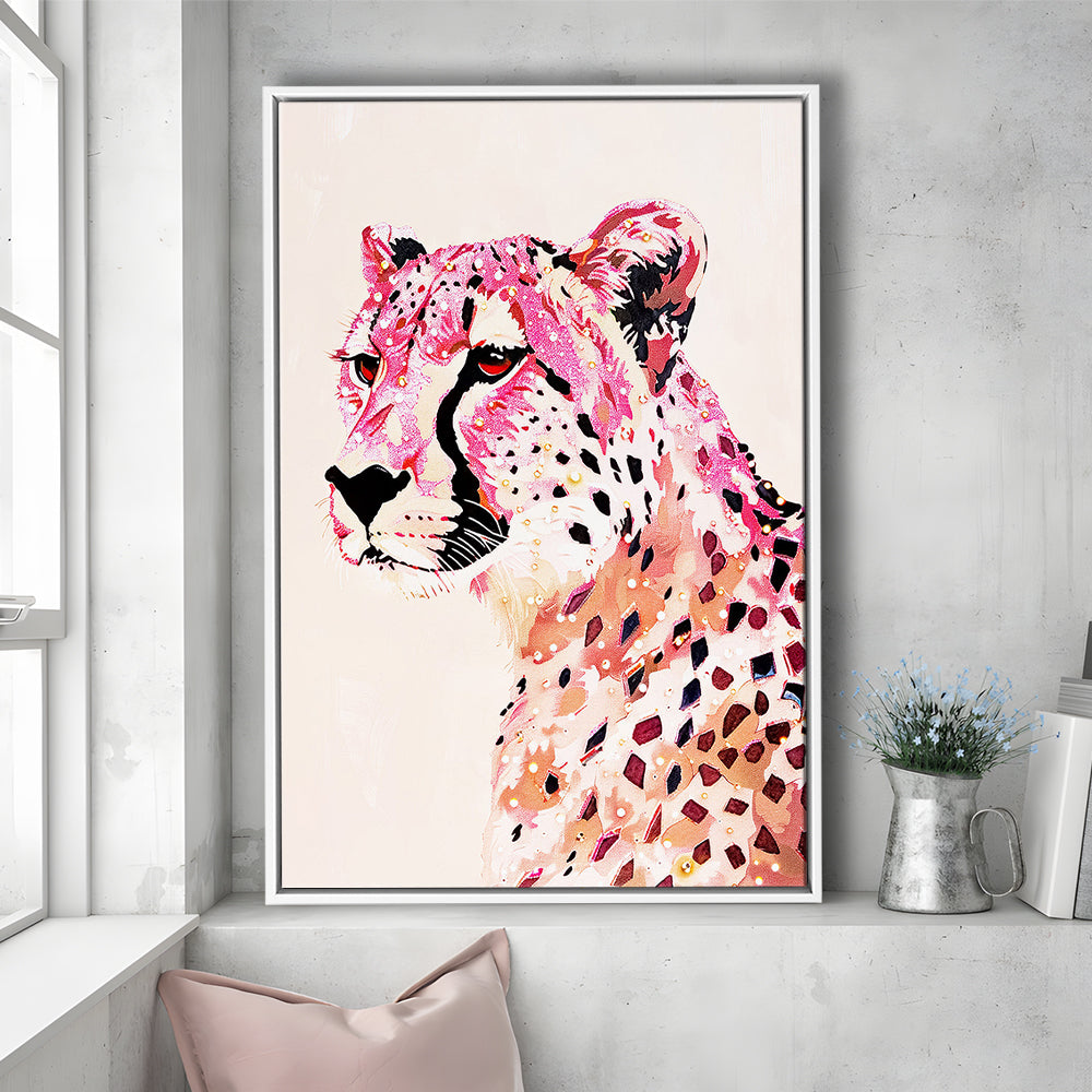 Cheetah Leopard Art Print Glam Preppy Decor Dorm Room, Framed Canvas Print Wall Art, Floating Frame