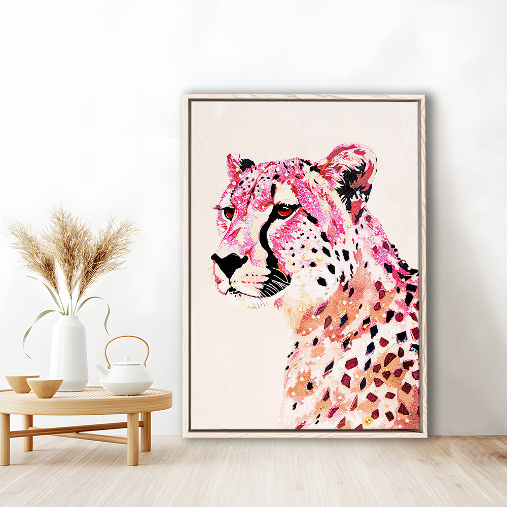 Cheetah Leopard Art Print Glam Preppy Decor Dorm Room, Framed Canvas Print Wall Art, Floating Frame