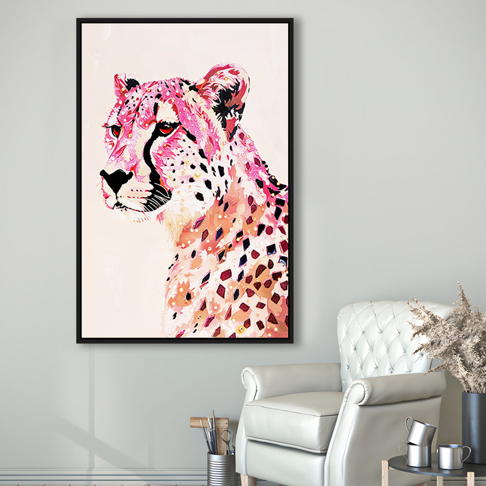 Cheetah Leopard Art Print Glam Preppy Decor Dorm Room, Framed Canvas Print Wall Art, Floating Frame