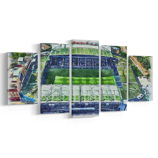 Chelsea FC, Stamford Bridge Painting Stadium Watercolor, Sport Art, Mixed 5 Panel, Canvas Print Wall Art