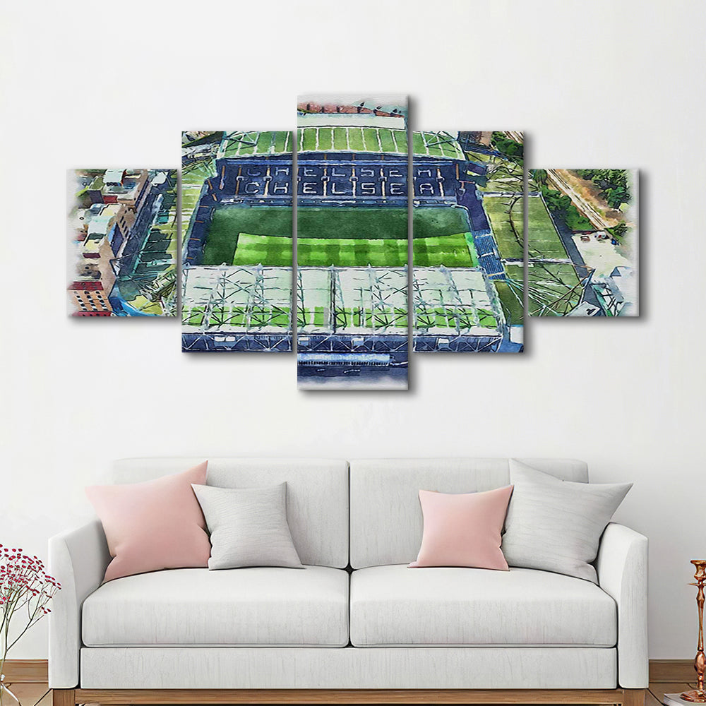 Chelsea FC, Stamford Bridge Painting Stadium Watercolor, Sport Art, Mixed 5 Panel, Canvas Print Wall Art