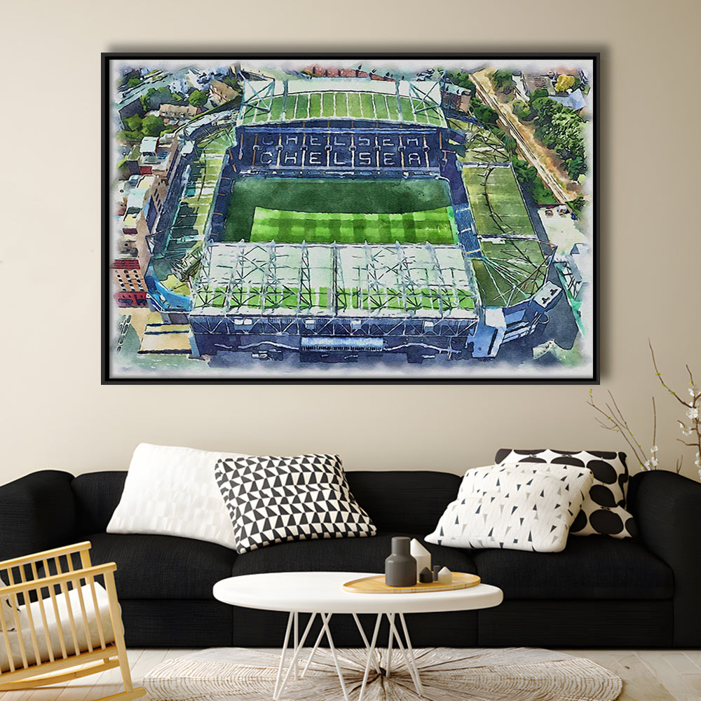 Chelsea FC, Stamford Bridge Painting Stadium Watercolor, Sport Gift Art, Framed Canvas Print Wall Art