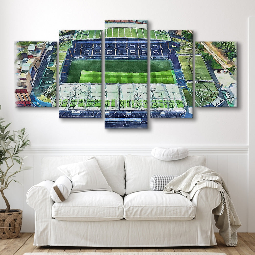 Chelsea FC, Stamford Bridge Painting Stadium Watercolor, Sport Art, Mixed 5 Panel, Canvas Print Wall Art