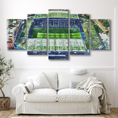 Chelsea FC, Stamford Bridge Painting Stadium Watercolor, Sport Art, Mixed 5 Panel, Canvas Print Wall Art