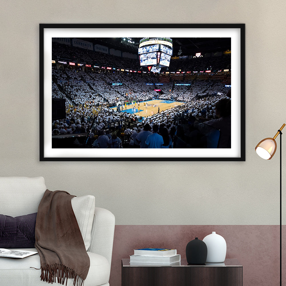 Chesapeake Energy Arena Playoffs, Stadium Canvas, Sport Art, Gift for him, White Border Framed Art Print Wall Decor
