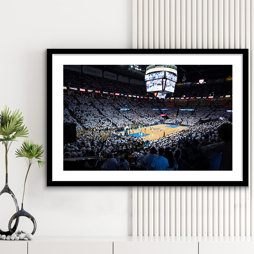 Chesapeake Energy Arena Playoffs, Stadium Canvas, Sport Art, Gift for him, White Border Framed Art Print Wall Decor