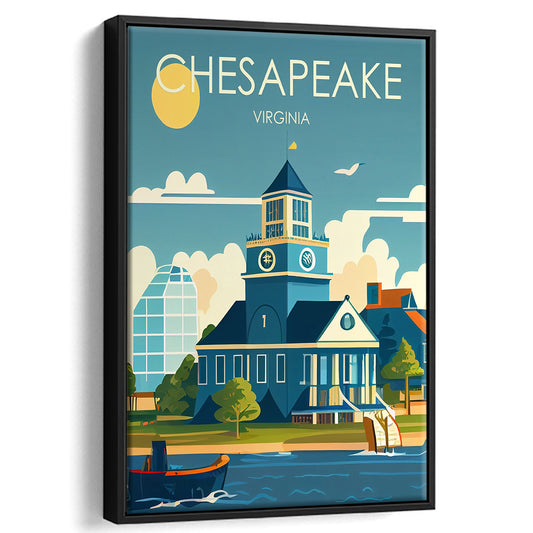 Chesapeake Virginia Retro Art Print, Chesapeake City Wall Art, Floating Framed Canvas Print, Framed Picture, Painting Canvas