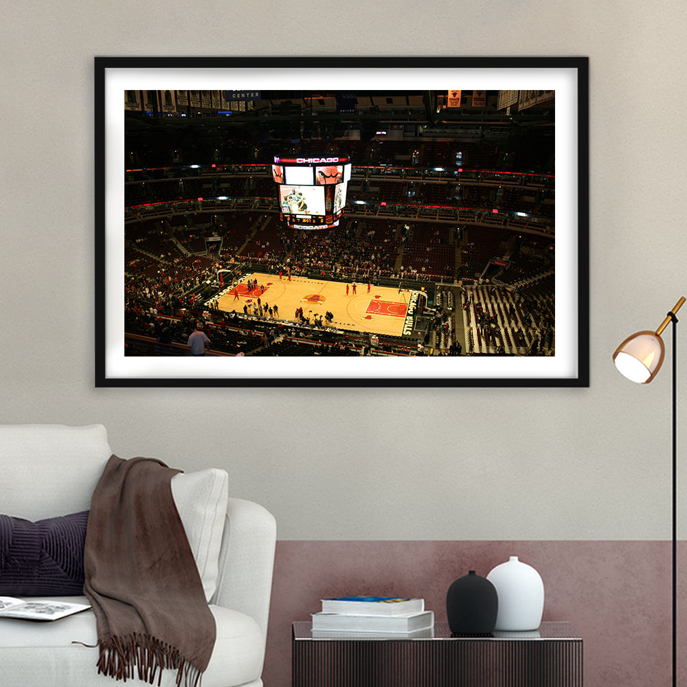 Chicago Bulls in United Center, Stadium Canvas, Sport Art, Gift for him, White Border Framed Art Print Wall Decor