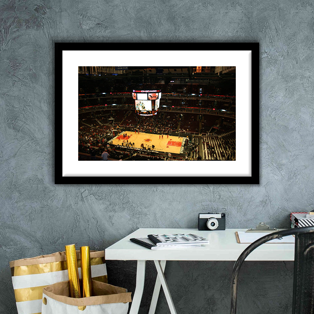 Chicago Bulls in United Center, Stadium Canvas, Sport Art, Gift for him, White Border Framed Art Print Wall Decor