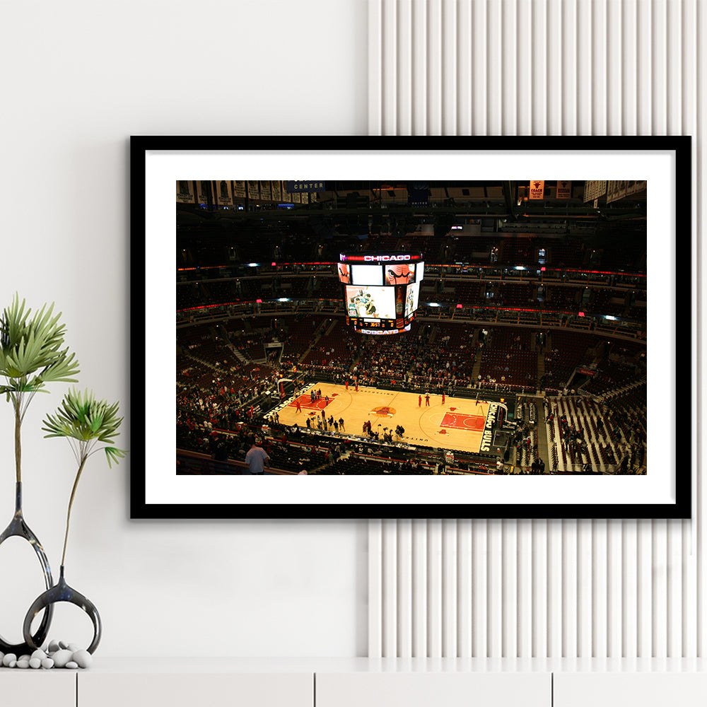 Chicago Bulls in United Center, Stadium Canvas, Sport Art, Gift for him, White Border Framed Art Print Wall Decor
