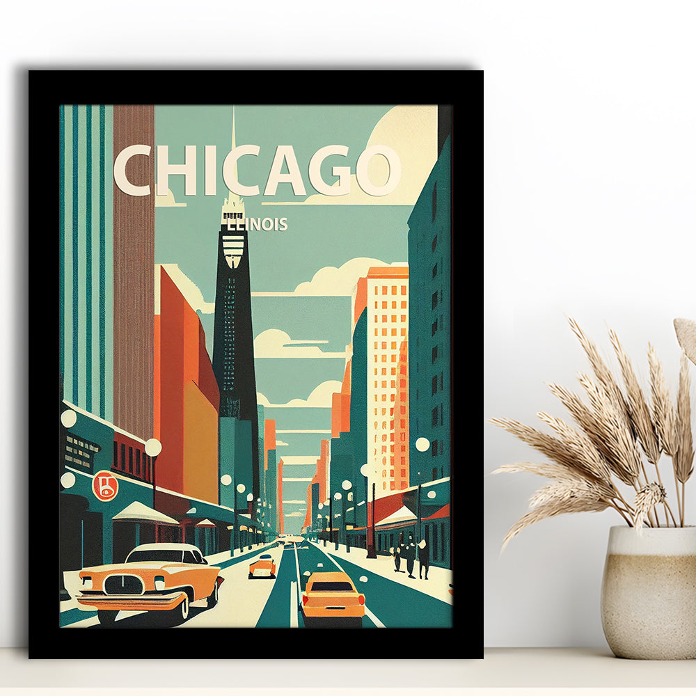 Chicago Illinois Retro Art Print, Chicago City Wall Art, Framed Art Print, Picture Framed, Painting Art