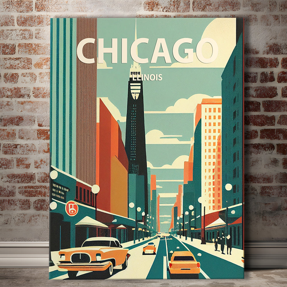 Chicago Illinois Retro Art Print, Chicago City Wall Art, Canvas Print, Painting Canvas, Living Room Decor