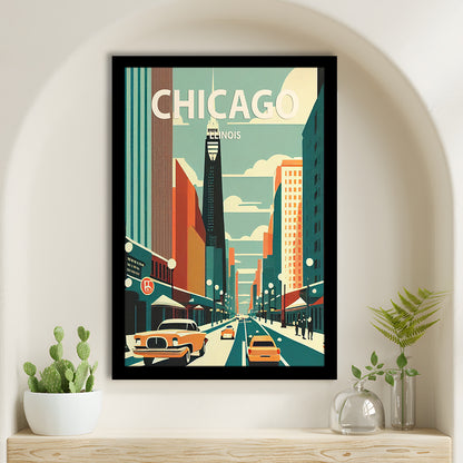 Chicago Illinois Retro Art Print, Chicago City Wall Art, Framed Art Print, Picture Framed, Painting Art