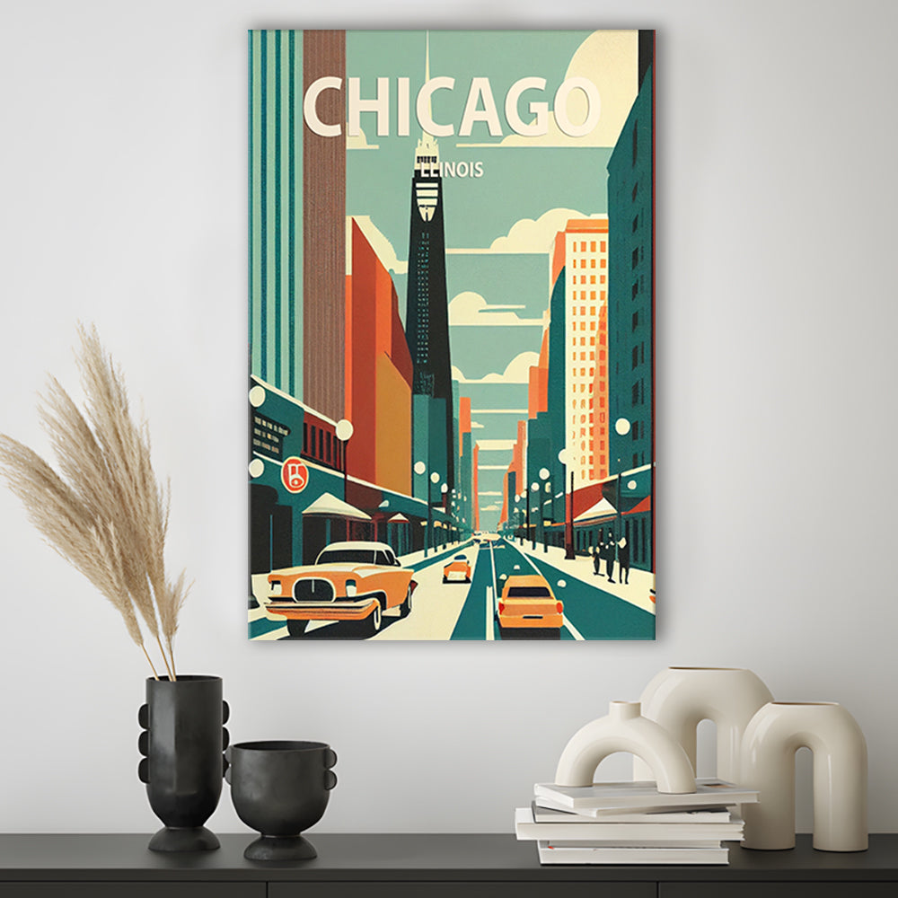 Chicago Illinois Retro Art Print, Chicago City Wall Art, Canvas Print, Painting Canvas, Living Room Decor