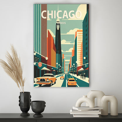 Chicago Illinois Retro Art Print, Chicago City Wall Art, Canvas Print, Painting Canvas, Living Room Decor
