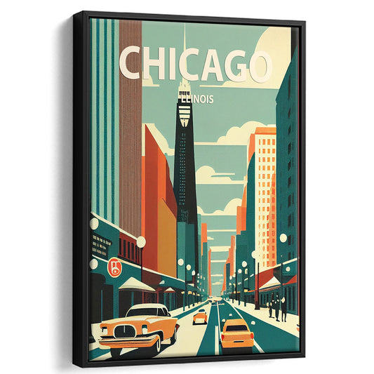 Chicago Illinois Retro Art Print, Chicago City Wall Art, Floating Framed Canvas Print, Framed Picture, Painting Canvas