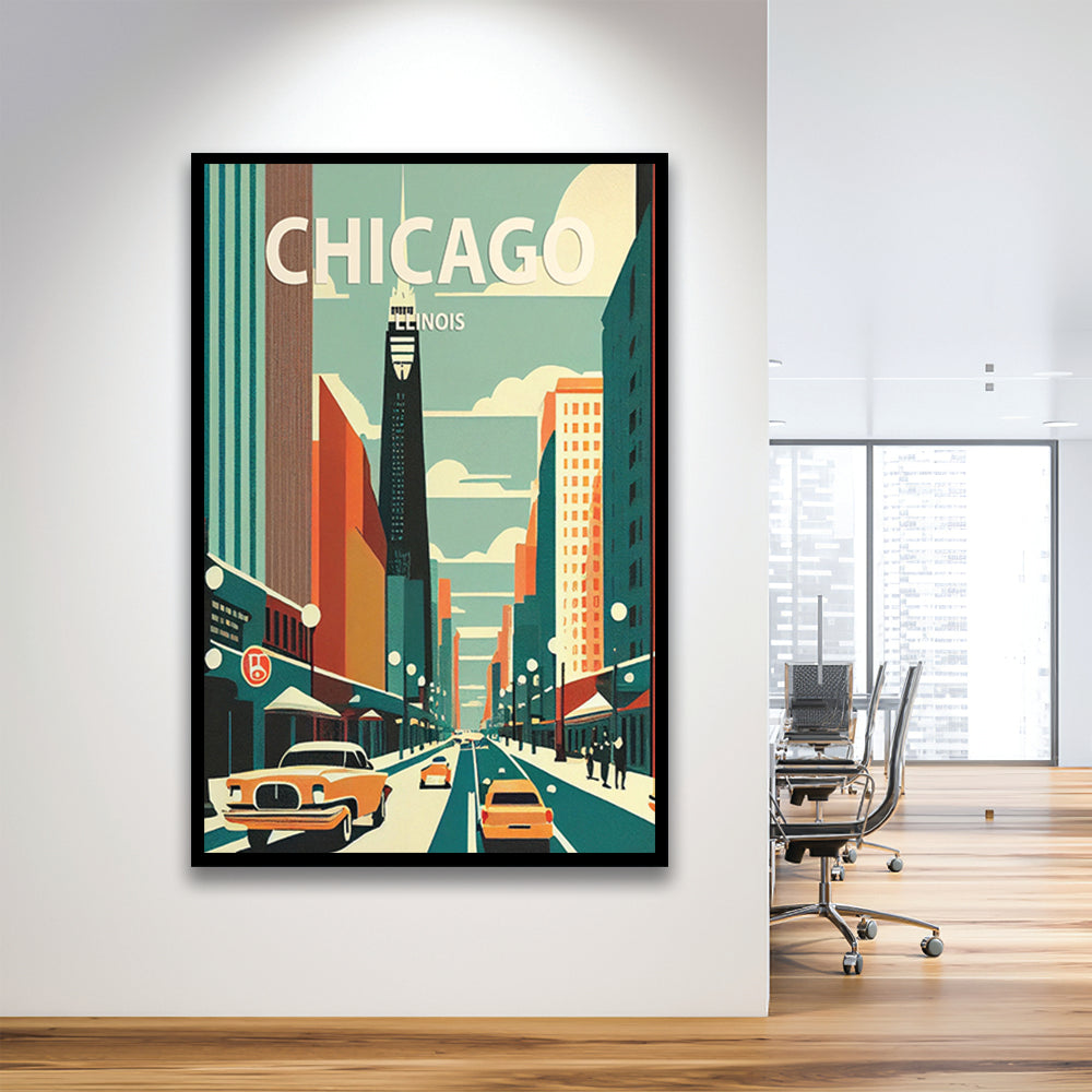 Chicago Illinois Retro Art Print, Chicago City Wall Art, Framed Art Print, Picture Framed, Painting Art