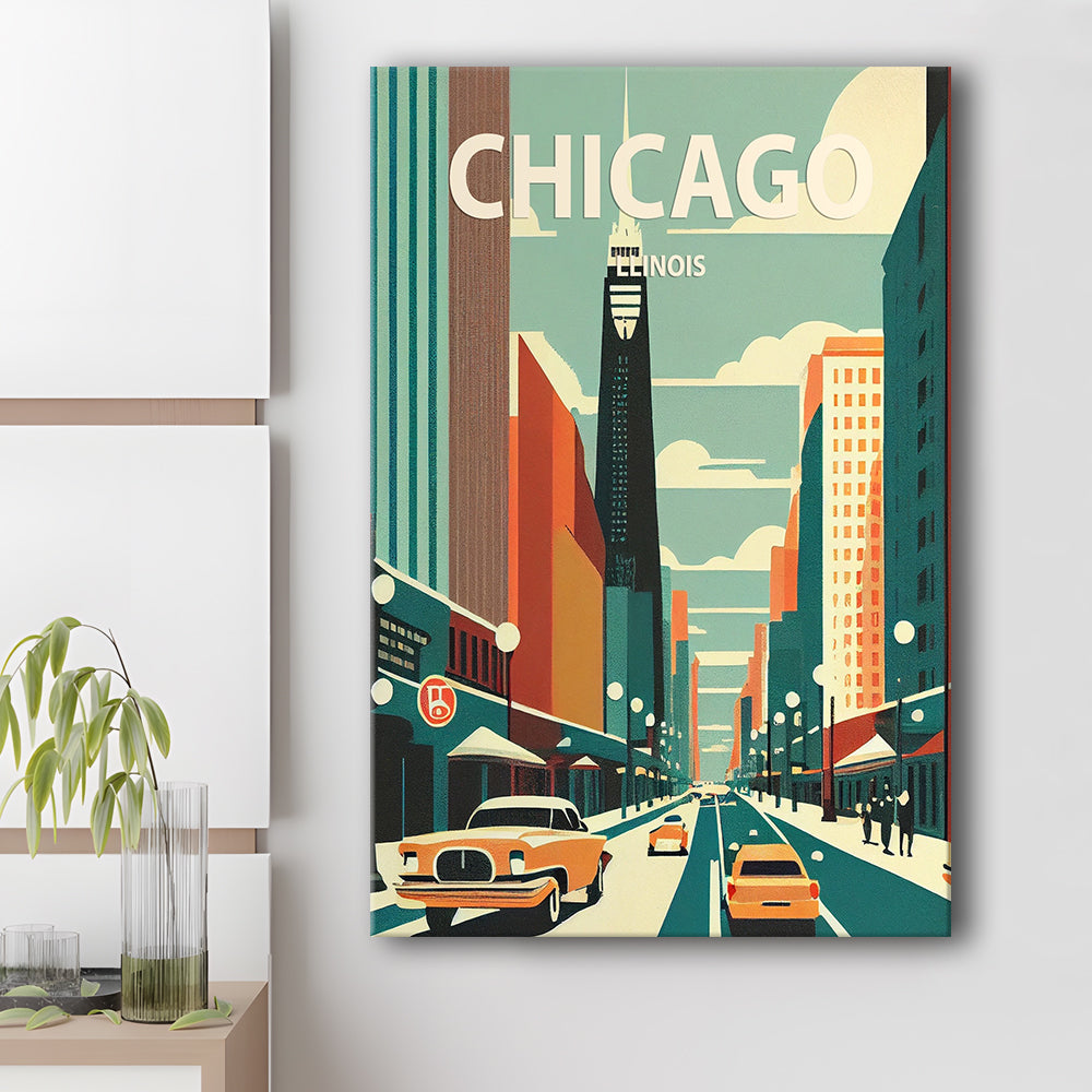 Chicago Illinois Retro Art Print, Chicago City Wall Art, Canvas Print, Painting Canvas, Living Room Decor