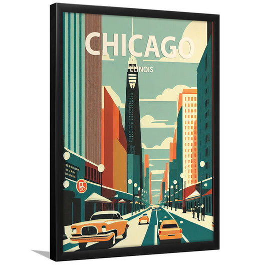 Chicago Illinois Retro Art Print, Chicago City Wall Art, Framed Art Print, Picture Framed, Painting Art