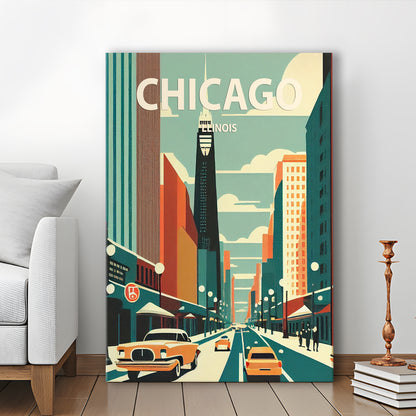 Chicago Illinois Retro Art Print, Chicago City Wall Art, Canvas Print, Painting Canvas, Living Room Decor