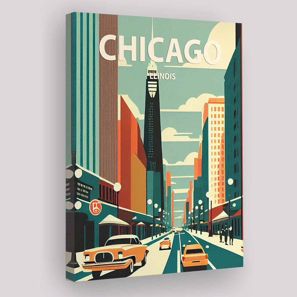 Chicago Illinois Retro Art Print, Chicago City Wall Art, Canvas Print, Painting Canvas, Living Room Decor