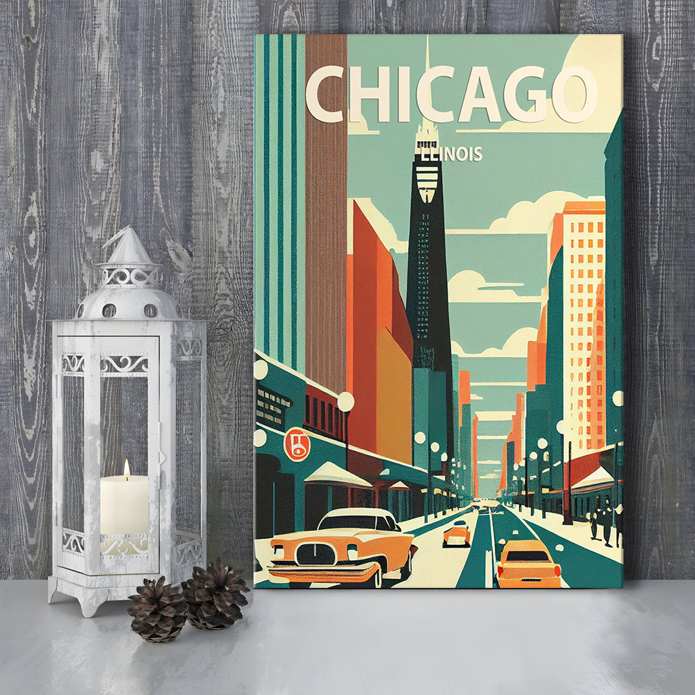 Chicago Illinois Retro Art Print, Chicago City Wall Art, Canvas Print, Painting Canvas, Living Room Decor