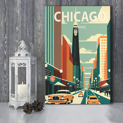 Chicago Illinois Retro Art Print, Chicago City Wall Art, Canvas Print, Painting Canvas, Living Room Decor