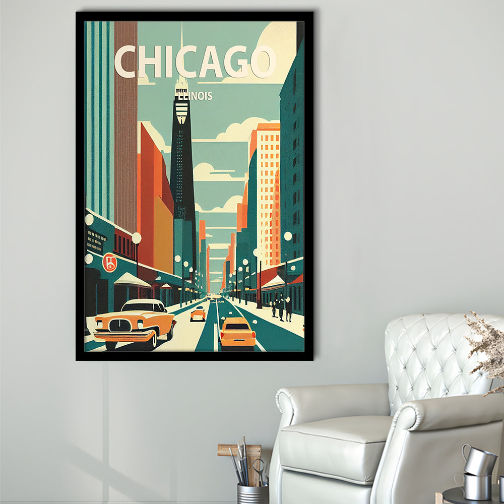 Chicago Illinois Retro Art Print, Chicago City Wall Art, Framed Art Print, Picture Framed, Painting Art