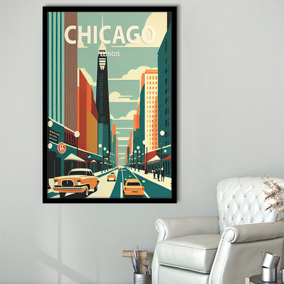 Chicago Illinois Retro Art Print, Chicago City Wall Art, Framed Art Print, Picture Framed, Painting Art