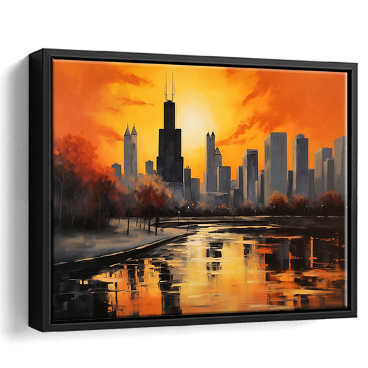 Chicago Skyline Acrylic Painting Black Yellow Orange V4, Framed Canvas Painting, Framed Canvas Prints Wall Art Decor