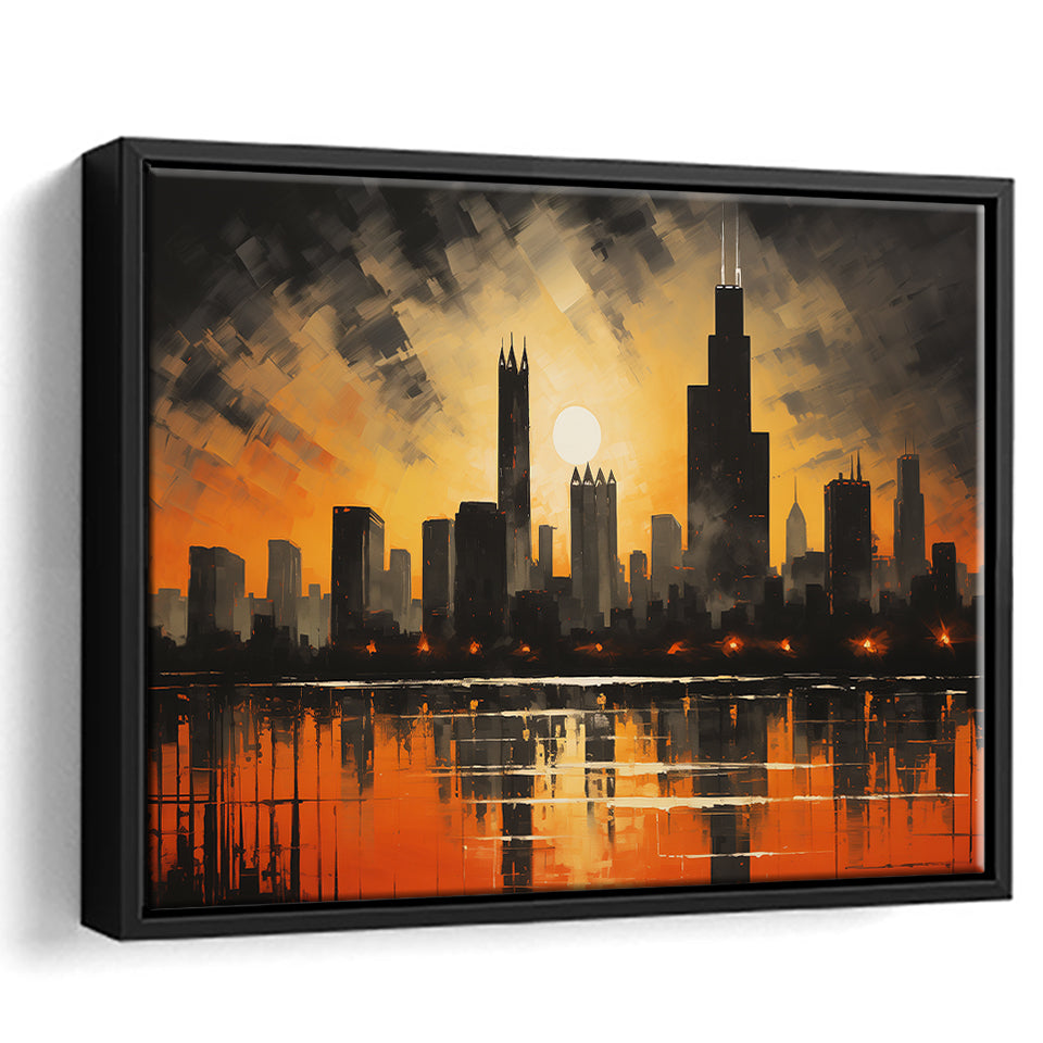 Chicago Skyline Acrylic Painting In Sunset, Framed Canvas Painting, Framed Canvas Prints Wall Art Decor