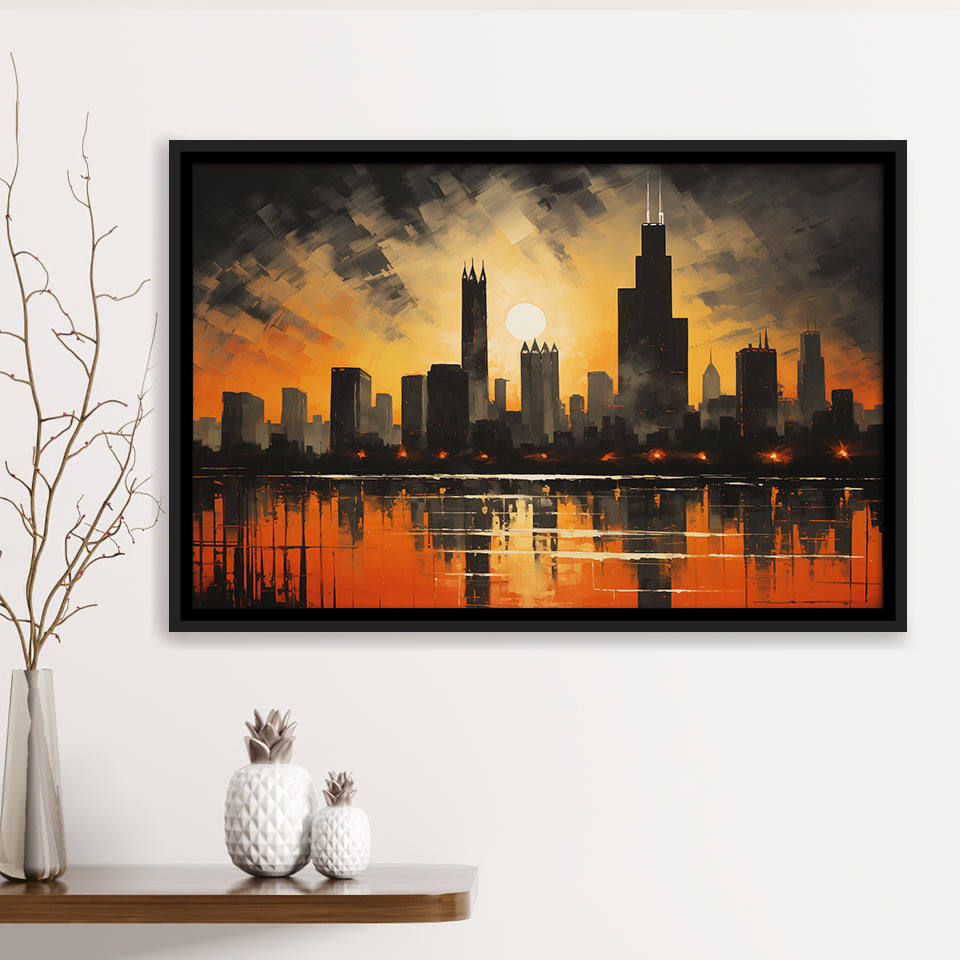 Chicago Skyline Acrylic Painting In Sunset, Framed Canvas Painting, Framed Canvas Prints Wall Art Decor