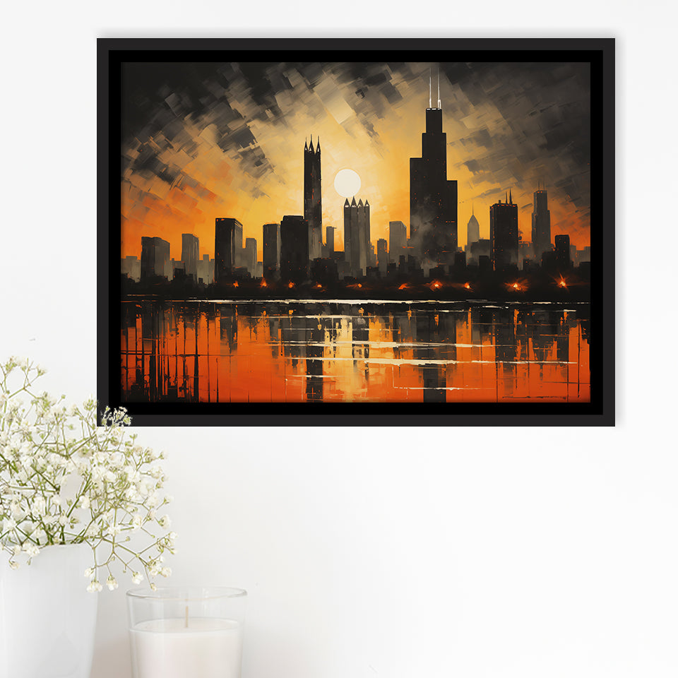 Chicago Skyline Acrylic Painting In Sunset, Framed Canvas Painting, Framed Canvas Prints Wall Art Decor